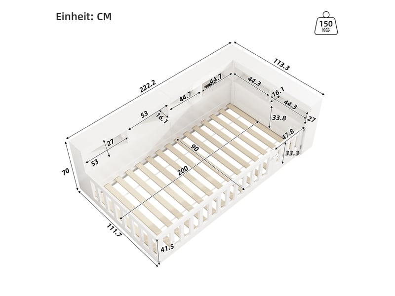  Lit simple 90x200 cm avec rangement, prises usb et barrière blanc  - Conforama C