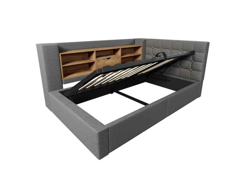 Lit enfant 90x200 cm – gris – rangement hydraulique, led, ports usb et usb-c, avec matelas et sommier - Conforama D