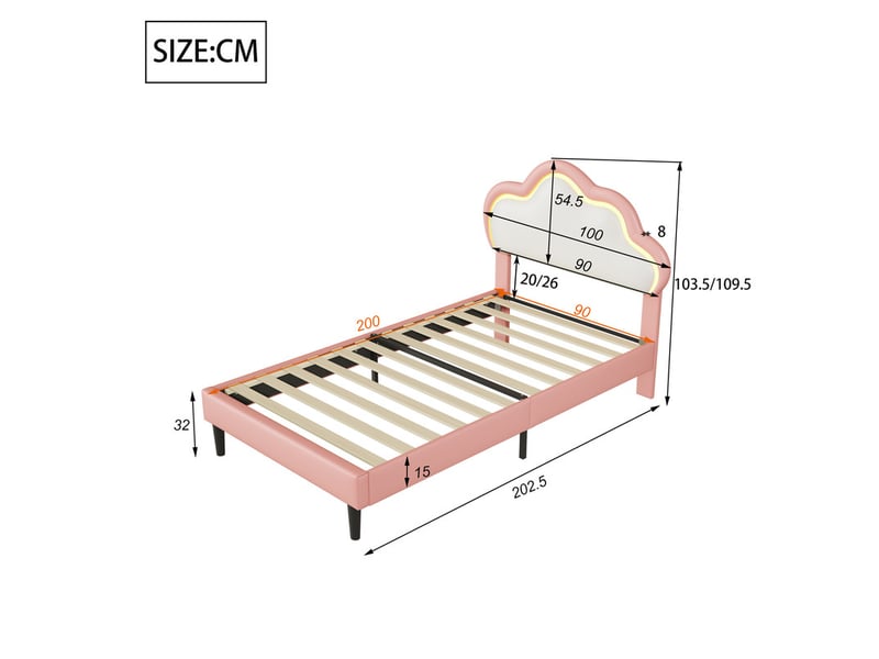  Lit simple 90 x 200 cm, lit enfant avec led, nuage en simili cuir, rose et blanc  - Conforama C