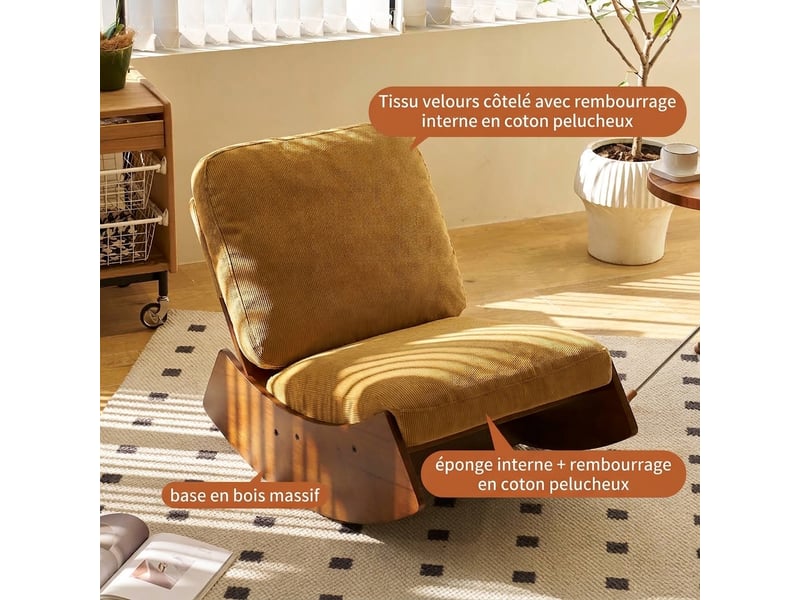  Fauteuil à bascule orange en velours côtelé, lot de 2 chaises à bascule avec structure en bois massif  - Conforama B