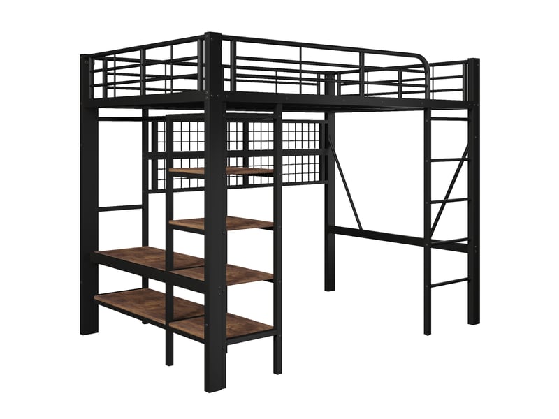  Lit mezzanine 140x200 cm noir avec led, penderie, filet de rangement et espace ouvert  - Conforama E
