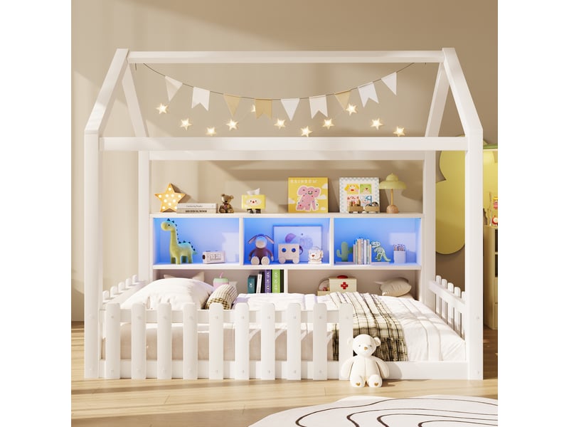  Lit cabane enfant 90x190 cm avec barrières, rangements ouverts, éclairage led et sommier à lattes, pin blanc, sans matelas  - Conforama E
