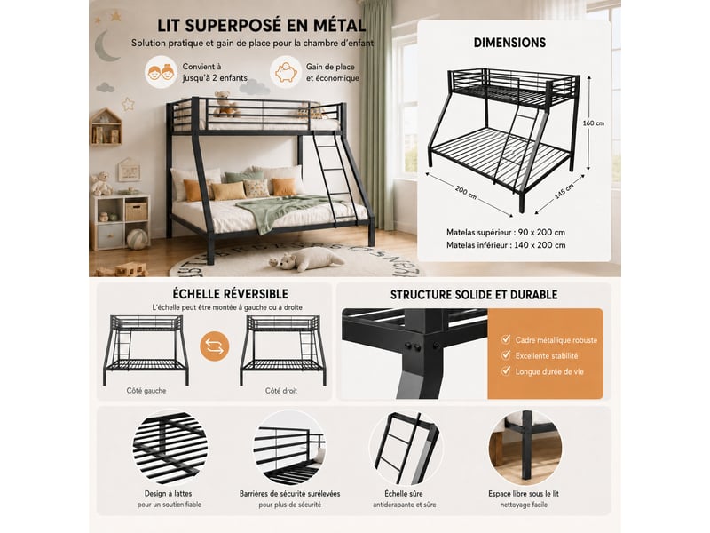  Lit superposé en métal 90140 x 200 cm avec échelle réversible, garde-corps et sommier à lattes, noir  - Conforama E