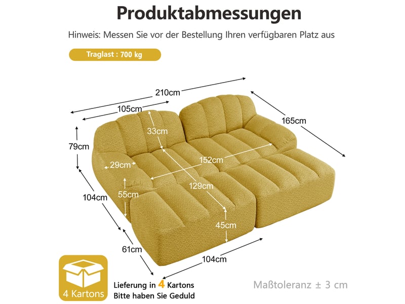  Canapé modulable 2 places 210x165x79 cm, sans montage, assise spacieux, polaire granuleux, mousse 32d, 2 poufs, jaune  - Conforama C