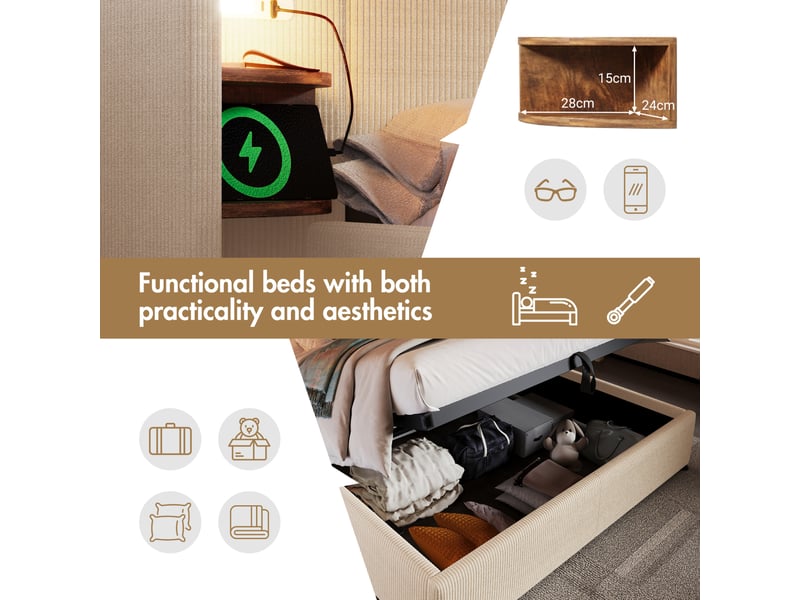  Lit coffre 160 × 200 cm 2 places avec led, usb et type-c, matelas inclus, beige en velours côtelé  - Conforama E