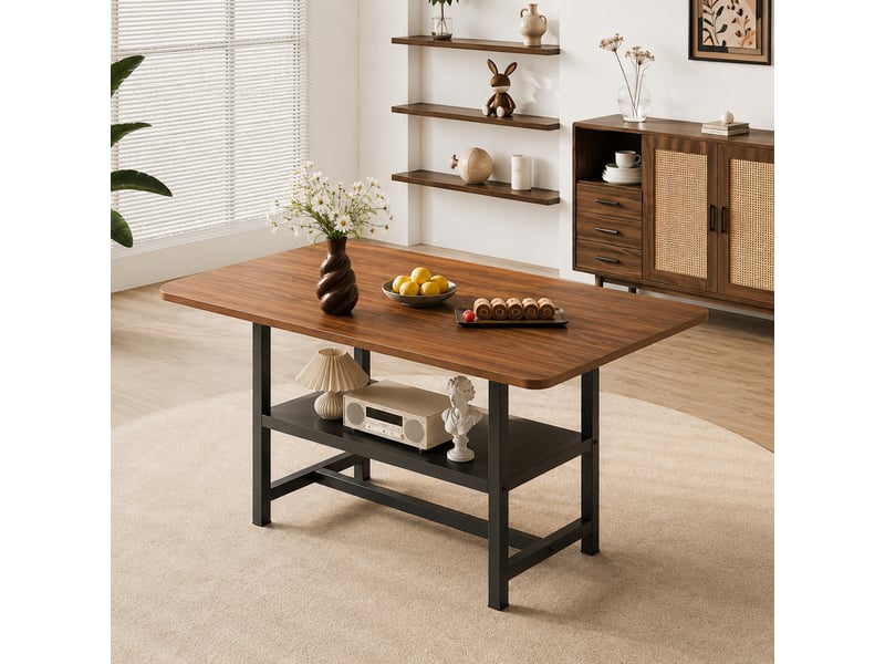 Table à manger rectangulaire 4 à 6 personnes avec étagère de rangement - lpospi - métal mdf noyer et noir 160 × 90 × 76 cm - Conforama B
