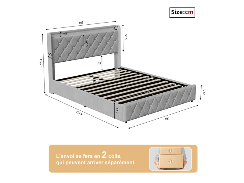  Lit coffre 160x200 cm avec led rgb,usb et type-c, lit double en velours gris ,hydraulique,grand rangement,sommier inclus  - Conforama C