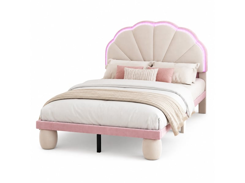 Lit enfant une place 90x200 cm en velours beige et rose avec led multicolores  - Conforama A