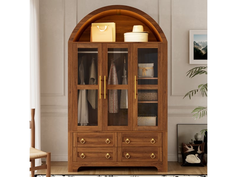  Armoire penderie 110x50x186 cm - éclairage led - grand rangement - portes vitrées - 4 tiroirs - 3 portes - mdf - bois naturel et noir CozyNest - Conforama B