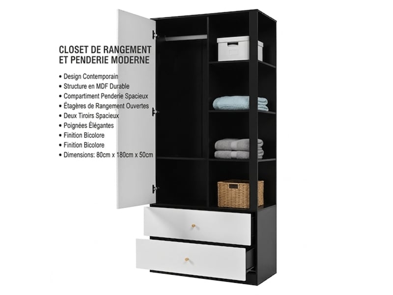  Armoire blanche et noire 1 porte avec miroir, penderie et rangement, 80x40x180 cm  - Conforama D