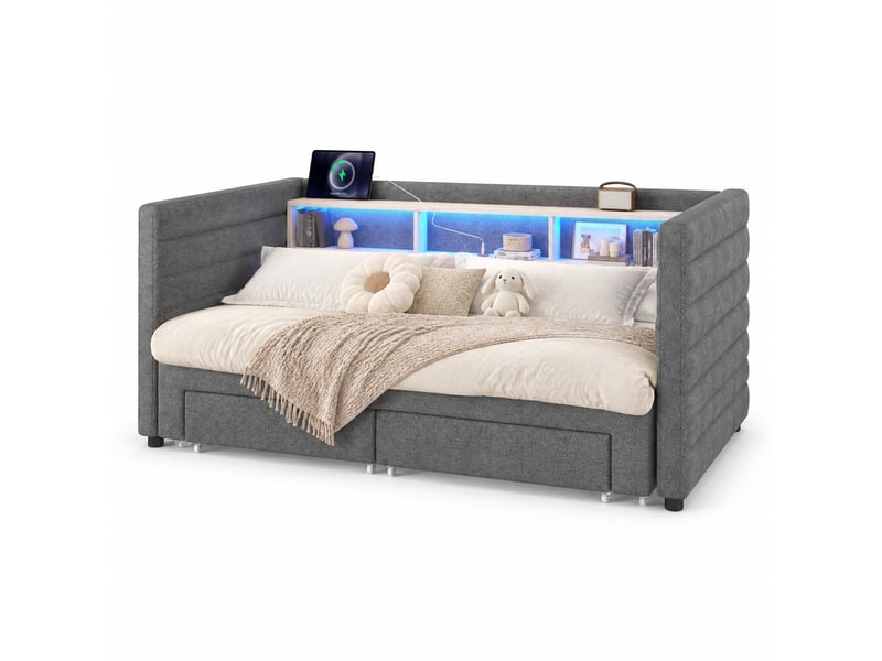  Lit simple 90x190 cm avec éclairage led et rangement en velours gris  - Conforama A