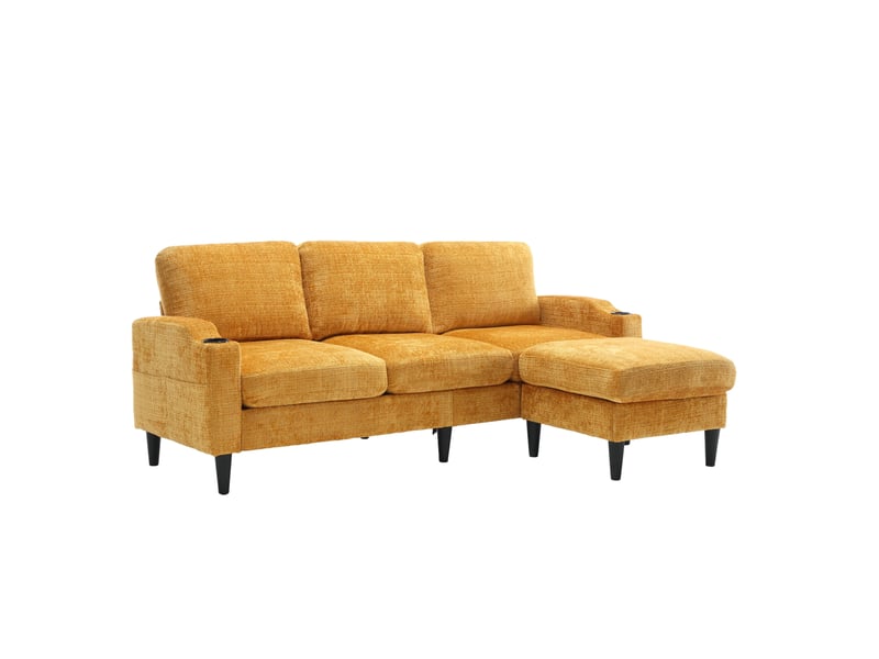 Canapé droit 196x75x77cm avec repose-pieds de rangement, porte-gobelet, poches latérales, accoudoirs, chenille jaune - Conforama A