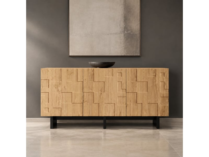 Buffet ulevr 3 portes avec 5 compartiments de rangement, 140 x 40 x 70 cm, ouverture push-to-open, mdf et panneaux de particules, bois naturel - Conforama B