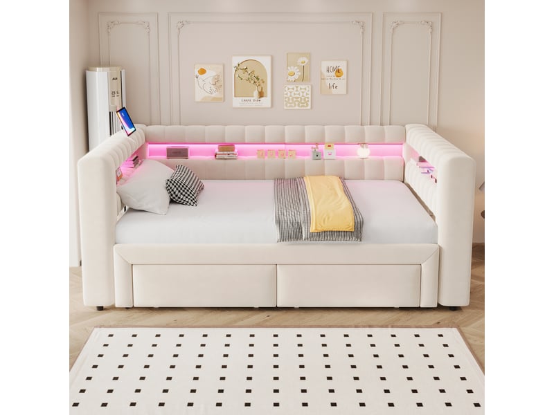 Lit gigogne 90x190 cm - banquette convertible 2 places 180x190 cm - 2 tiroirs, led, usb & type-c - beige - Conforama R
