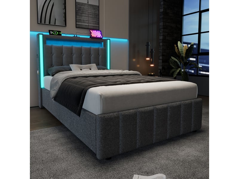  Lit simple 90x200 cm avec rangements, port usb, type-c, led et 2 tiroirs, style moderne, lin gris, sans matelas  - Conforama W