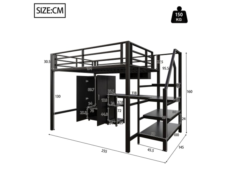  Lit mezzanine avec escalier 140x200 noir sans matelas avec armoire, étagères, échelle et bureau  - Conforama D