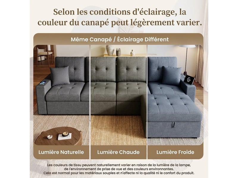  Canapé d'angle modulable 4 places avec ports usb et usb-c sur les deux accoudoirs - coffre led  - Conforama D