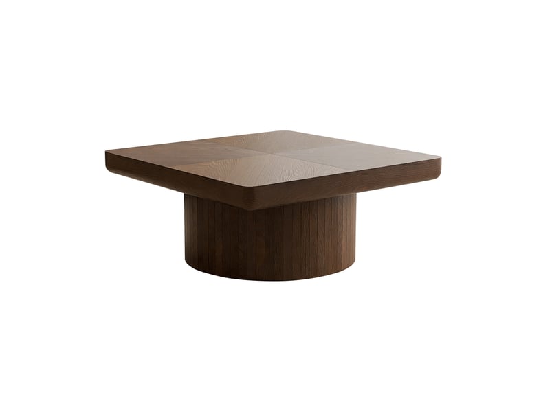  Table basse carrée 78 cm, placage bois, plateau épais 8 cm, base cylindrique, marron  - Conforama A