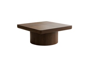 Table basse carrée 78 cm, placage bois, plateau épais 8 cm, base cylindrique, marron
