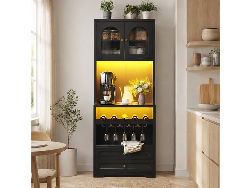  Buffet haut modenvie noir 70 x 40 x 180 cm led, portes vitrées cintrées, range-bouteilles, usb  - Conforama B