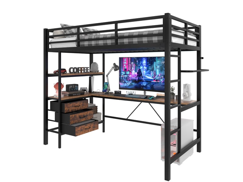 Lit mezzanine 90 x 200 cm avec bureau, led, tiroirs, prise usb et étagères noir - Conforama A