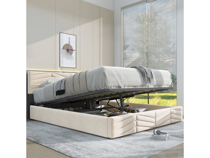  Lit coffre rembourré 140 x 190 cm, tête de lit réglable en hauteur, sommier à lattes en bois, pour adultes et adolescents, velours hollandais, beige Bliss Lite - Conforama E