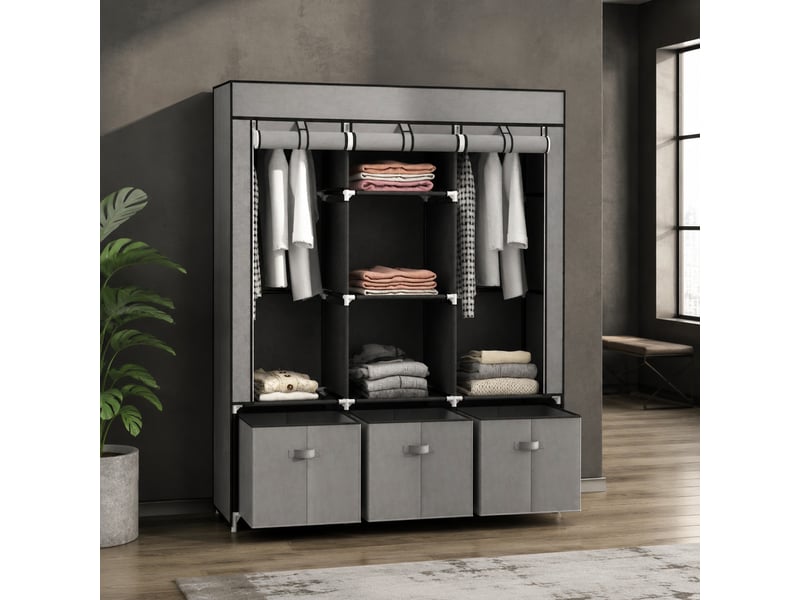  Armoire en tissu avec 2 penderies, 5 étagères et 3 tiroirs en acier 125×43×162,5 cm gris foncé  - Conforama B