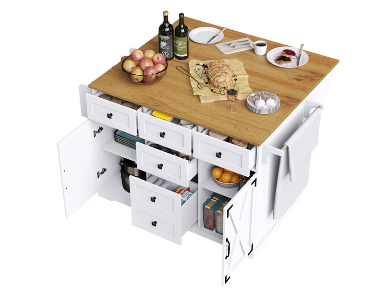  Îlot de cuisine mobile blanc, plateau rabattable, aspect bois, gain de place  - Conforama A