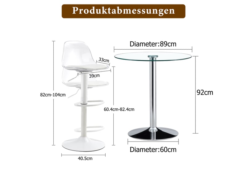  Ensemble table haute et 2 tabourets, table de bar ronde en verre de 89 cm, sièges transparents réglables et pivotants, pieds blancs  - Conforama E