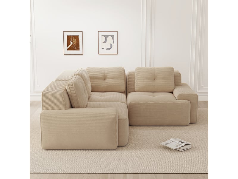  Canapé d'angle modulaire avec assise profonde, confort enveloppant et base antidérapante, en tissu côtelé beige  - Conforama C