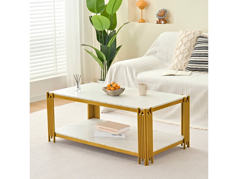  Table basse rectangulaire à 2 niveaux en mdf décor marbre et métal - blanc et or - 114 x 64 x 46 cm  - Conforama B