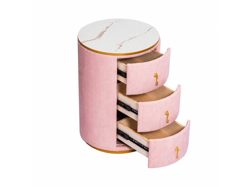  Table de chevet 3 tiroirs ronde en velours rembourré dessus marbre quincaillerie dorée moderne rangement pour chambre salon rose  - Conforama A