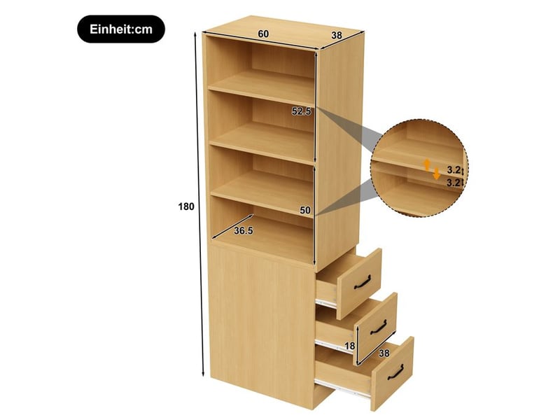  Bibliothèque extra étroite - 180 cm de hauteur - tiroirs latéraux intégrés - étagères réglables - chêne - 60x38x180 cm bois clair - Conforama D