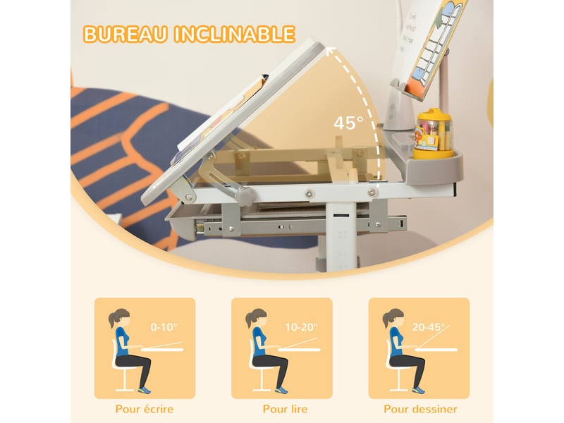  Ensemble chaise et bureau pour enfants avec lampe led hauteur réglable plateau support incliné de lecture gris  - Conforama W
