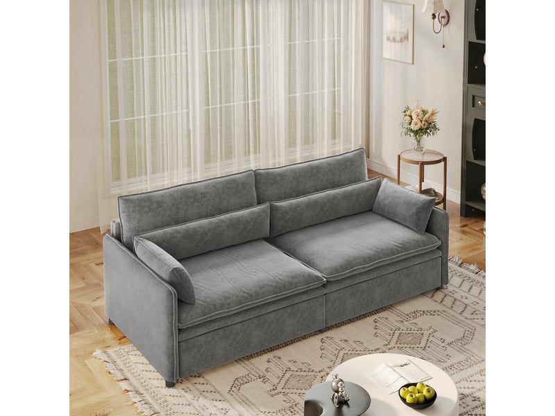 Canapé-lit convertible 3 en 1,206x91x86cm,canapé 3 places avec couchage extensible,coffre de rangement,tissu chenille,gris clair - Conforama B