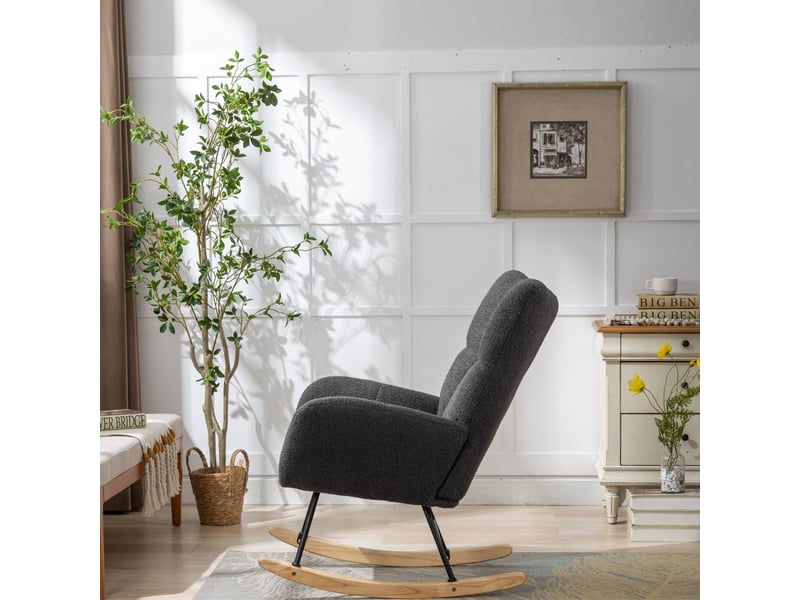 Fauteuil à bascule - 65x77x90cm - fauteuil rocking chair tissu bouclette teddy avec poche et pieds bois massif - gris  - Conforama D