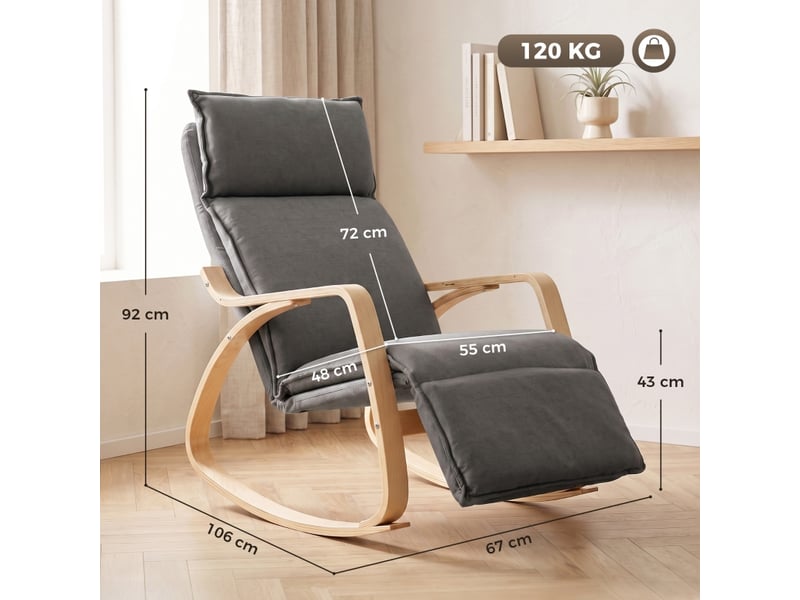 Fauteuil à bascule avec repose-pieds réglable 5 positions, dossier haut et accoudoirs, en polyester gris foncé - Conforama D