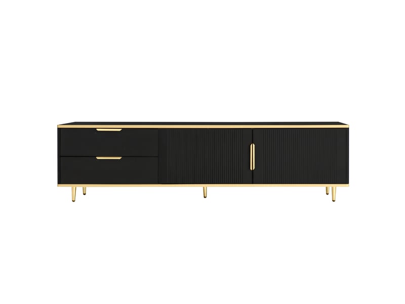  Meuble tv 175x40x45cm, meuble télé, 2 tiroirs de rangement, 2 portes avec texture sculptée, panneau de particules noir  - Conforama A