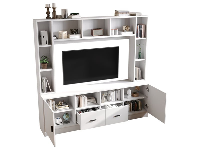  Meuble tv mural avec 2 portes, 2 tiroirs et 11 niches, anti-basculement pour salon en panneaux blancs 180×35×170 cm  - Conforama A
