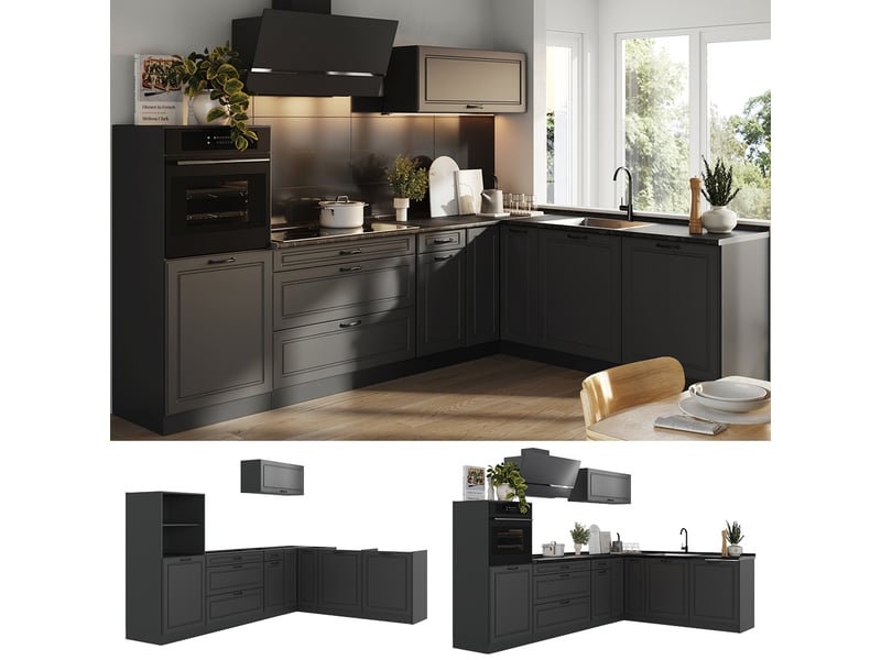  Vicco cuisine en angle, anthracite campagneanthracite, 287 x cm plan de travail anthracite  - Conforama D