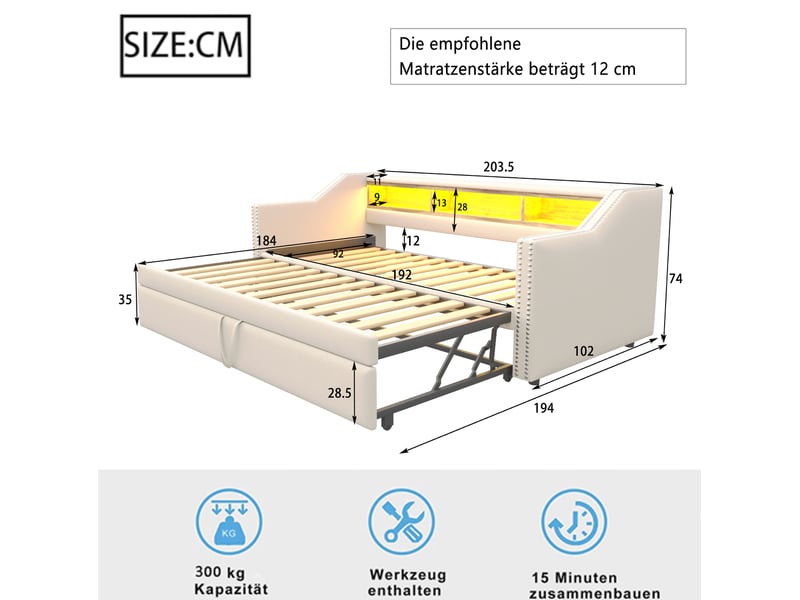  Canapé-lit gigogne 90180 x 190 cm beige avec rangement multifonction, éclairage led, usb et sommier à lattes  - Conforama E