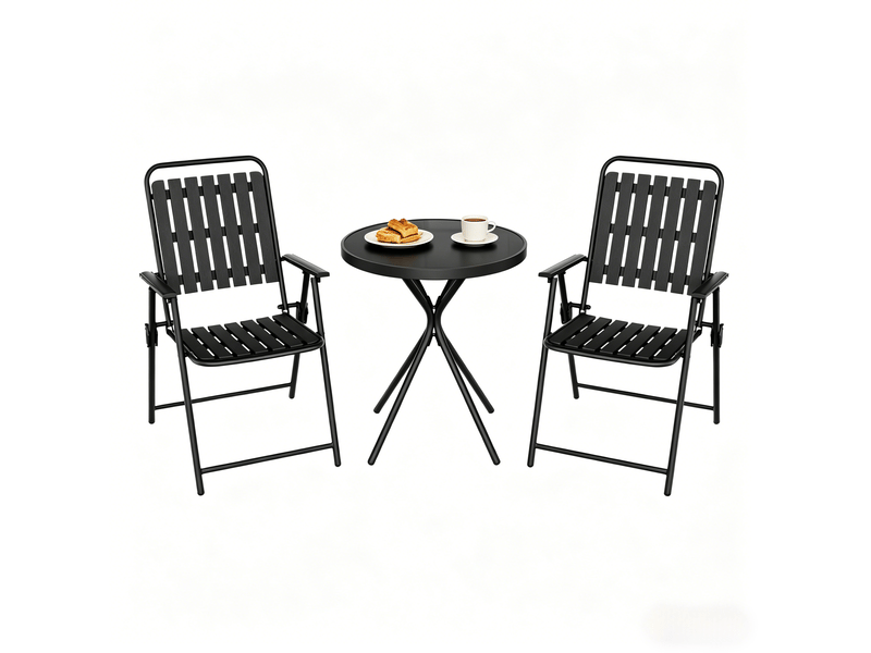  Salon de jardin 3 pièces pliant avec table ronde en verre et 2 chaises noires  - Conforama A