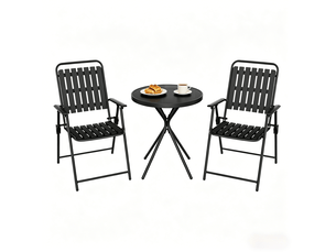 Salon de jardin 3 pièces pliant avec table ronde en verre et 2 chaises noires