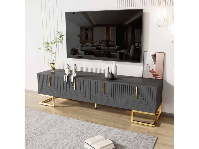  Meuble tv bas avec porte texturée – poignées et pieds dorés  - Conforama E
