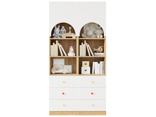 Bibliothèque 2 pièces avec 3 tiroirs, 3 étagères et porte arquée en mdf blanc effet bois 100 × 50 × 200 cm