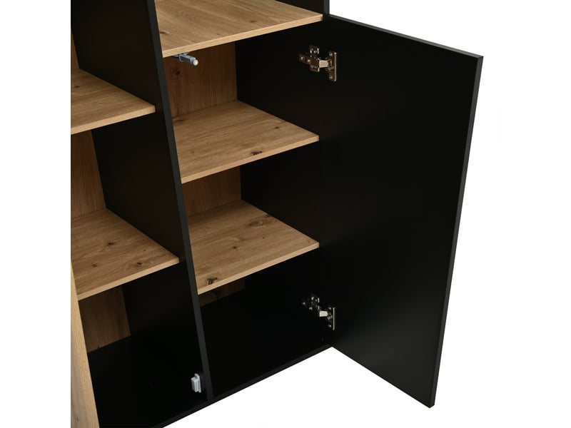  Vitrine avec led, portes en bois, paroi de verre, étagères réglables, multiple espaces de rangement, vitrine de collection haute pour salon, bureau, entrée, noir + bois, 80x35x139.5cm  - Conforama E