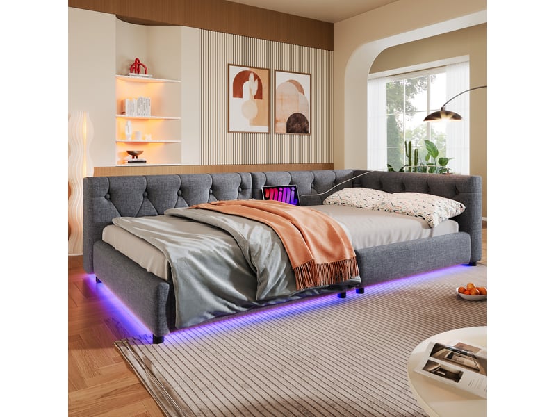  Lit banquette 90x200 cm avec led, usb et usb-c gris  - Conforama E