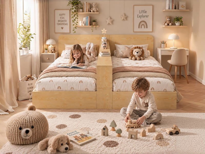 Lit enfant en bois, 2 couchages de 90 x 200 cm chacun, avec cloison centrale et espaces de rangement de chaque côté - Conforama B