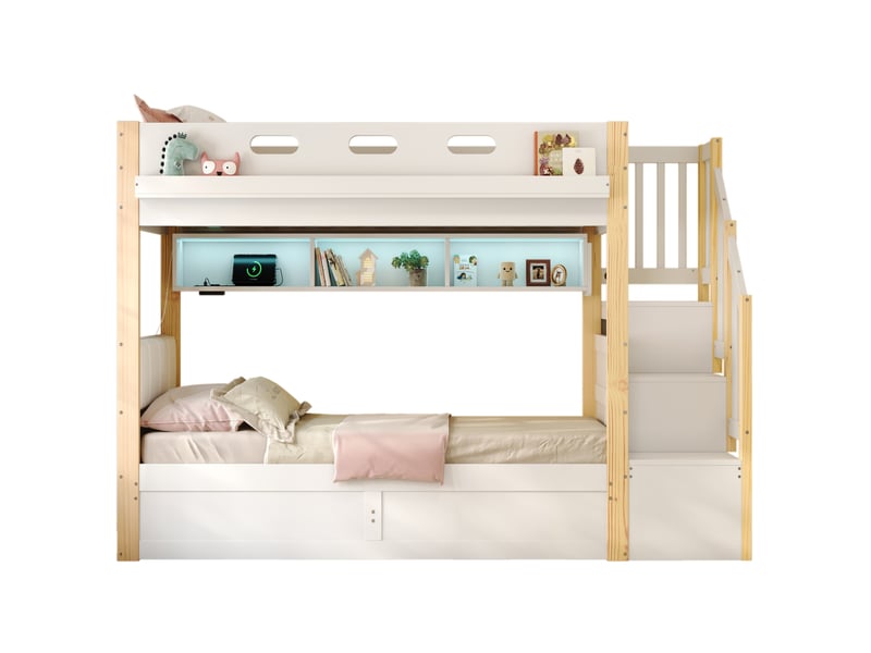 Lit superposé enfant 2 x 90x200 cm avec rangement hydraulique, led et usb - Conforama A