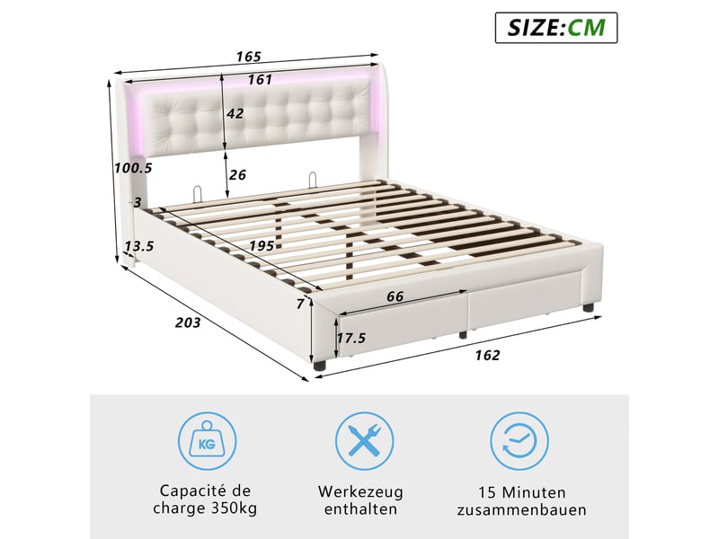  Lit coffre 160x200cm - lit double 160x200 - avec 2 tiroirs et tête de lit led rgb, rembourré en velours - style moderne - beige  - Conforama E